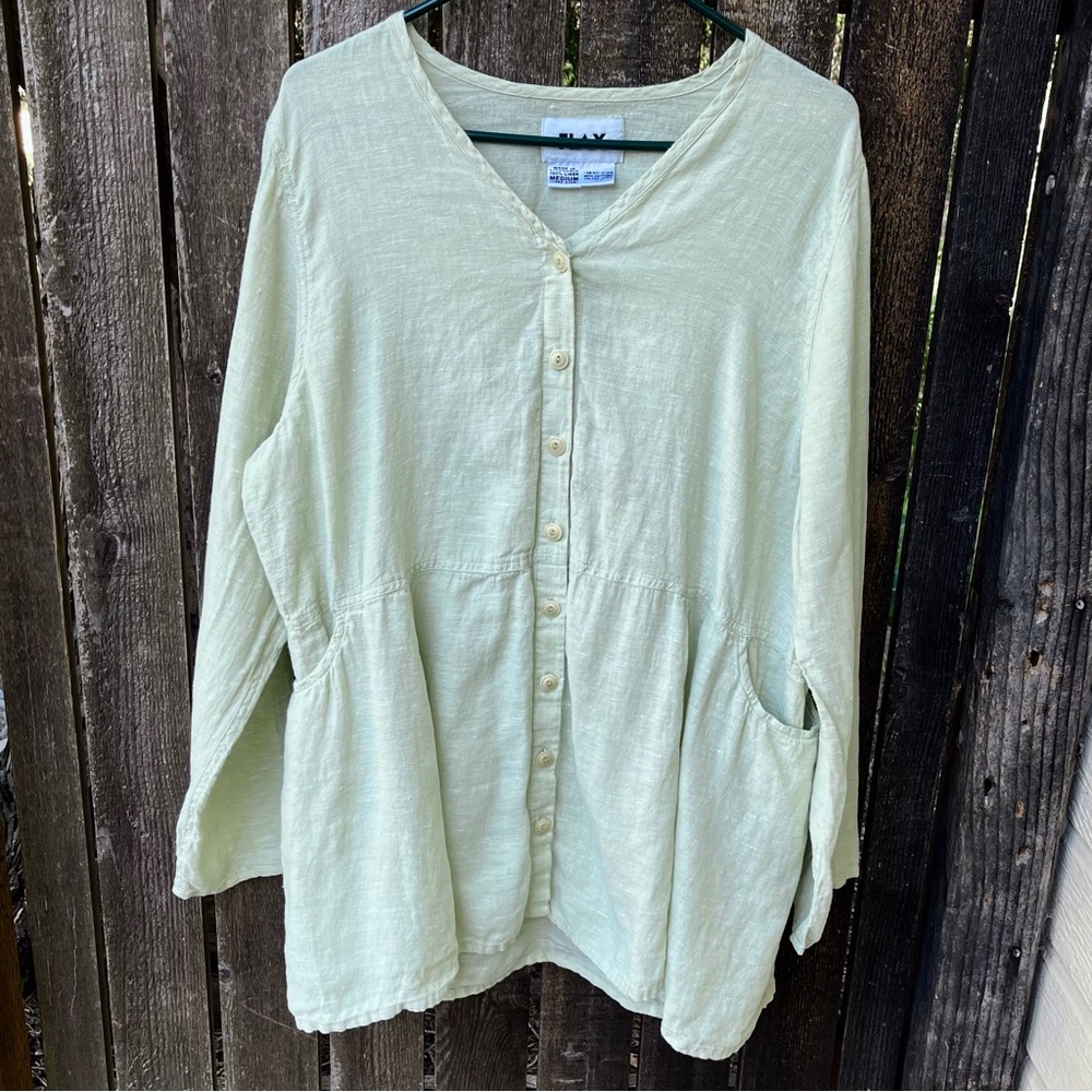 Flax 100% Linen Longsleeve Full Button Down Tunic In Pastel Green Sz M